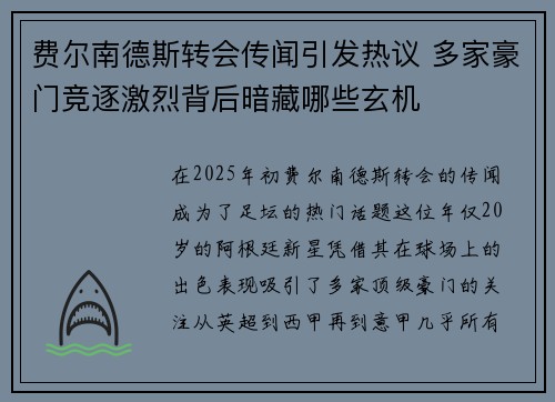 费尔南德斯转会传闻引发热议 多家豪门竞逐激烈背后暗藏哪些玄机