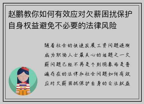 赵鹏教你如何有效应对欠薪困扰保护自身权益避免不必要的法律风险 赵鹏教你如何有效应对欠薪困扰保护自身权益避免不必要的法律风险
