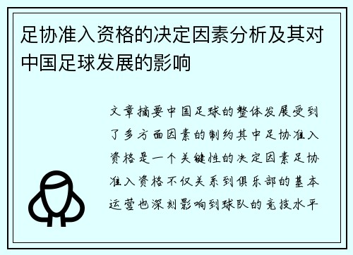 足协准入资格的决定因素分析及其对中国足球发展的影响 足协准入资格的决定因素分析及其对中国足球发展的影响